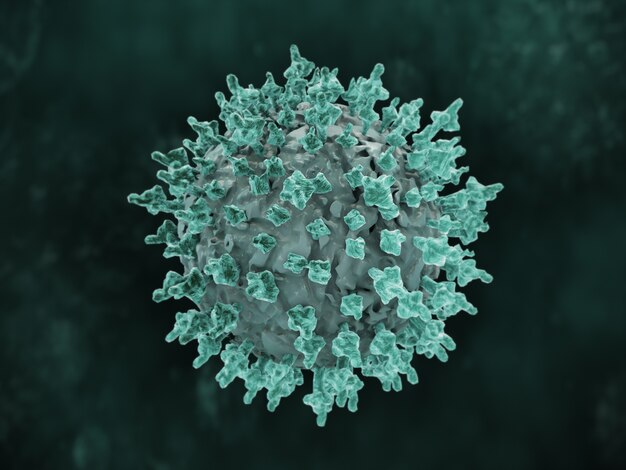 Rendering 3D di una cellula microbica del coronavirus blu