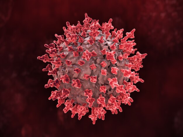 Rendering 3D di una cellula microbica del coronavirus rosso