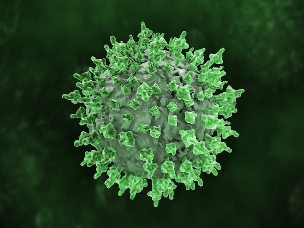 Rendering 3D di una cellula microbica di coronavirus verde