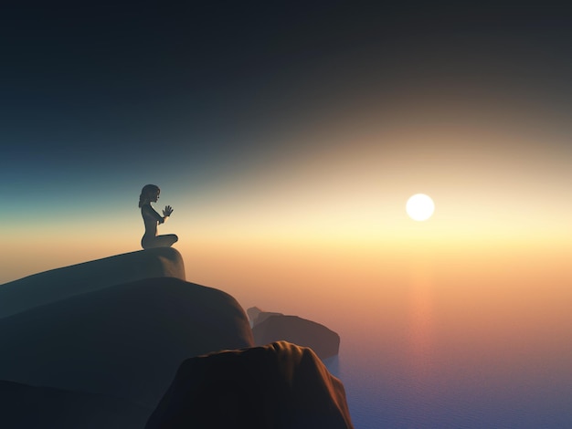 Rendering 3D di una donna in posizione yoga contro l'oceano al tramonto