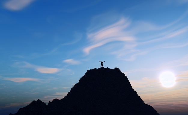 Rendering 3D di una figura maschile in cima a una montagna che tiene le braccia in su nel successo