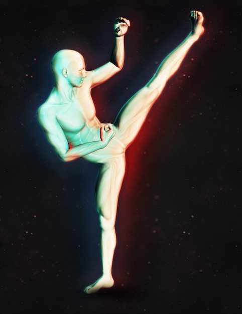 Rendering 3D di una figura maschile in kickboxing posa con doppio effetto a colori