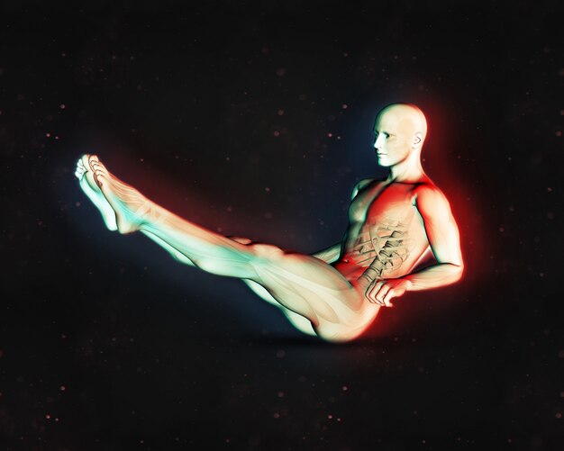 Rendering 3D di una figura maschile in posizione di sit up con le gambe estese e doppio effetto a colori