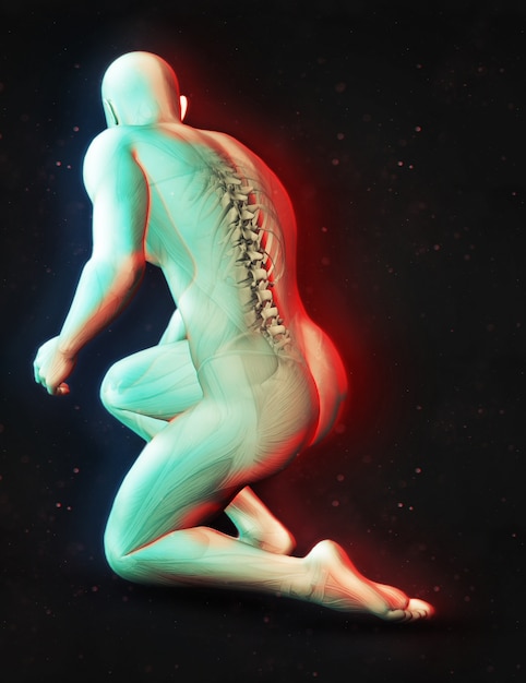 Rendering 3D di una figura maschile in posizione inginocchiata con spina dorsale evidenziata e effetto a doppio colore
