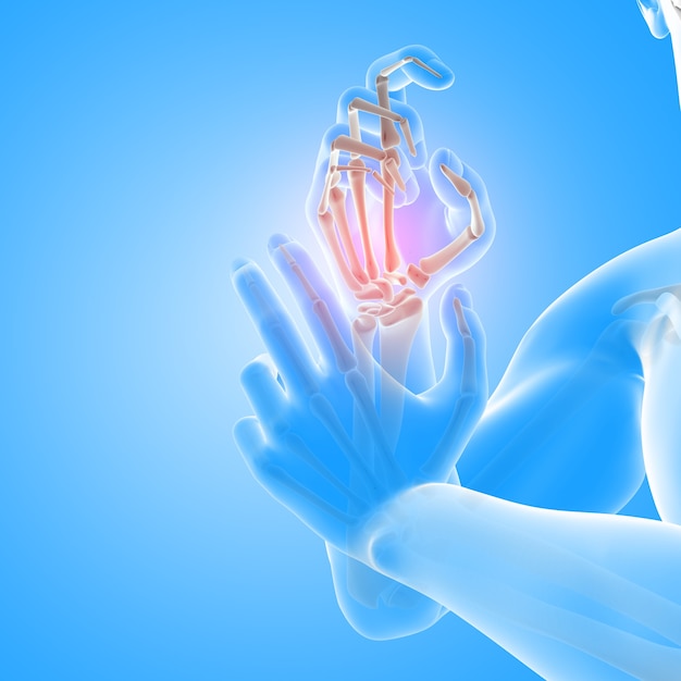 Rendering 3D di una figura medica maschile con stretta di ossa della mano