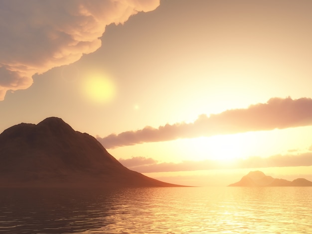 Rendering 3D di una montagna nell'oceano contro il cielo al tramonto