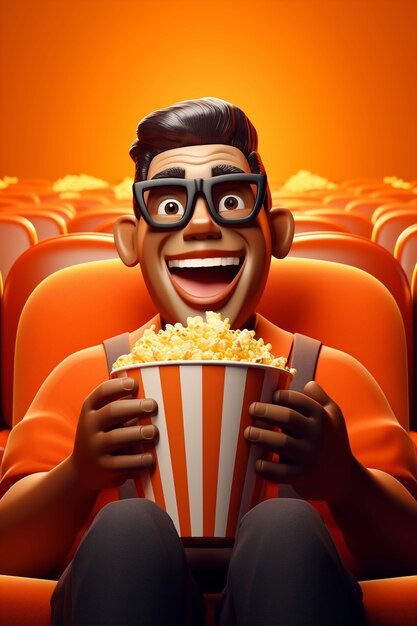 Rendering 3D di una persona che guarda un film con i popcorn