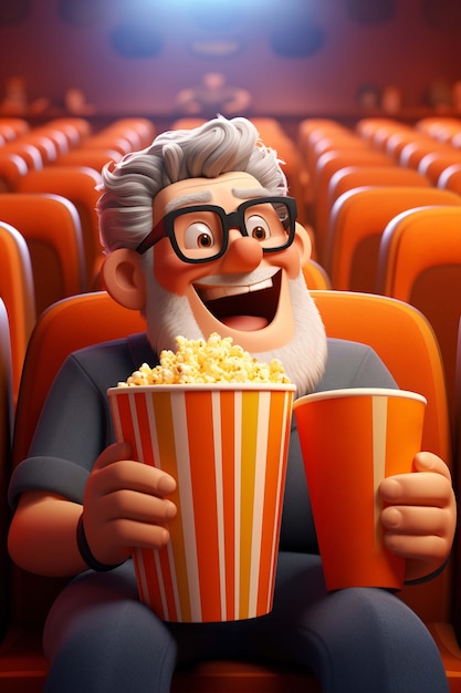 Rendering 3D di una persona che guarda un film con i popcorn