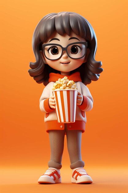 Rendering 3D di una persona che guarda un film con i popcorn