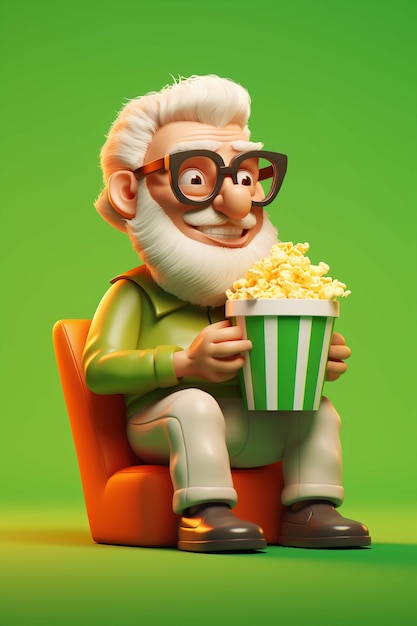 Rendering 3D di una persona che guarda un film con i popcorn