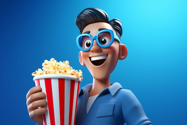 Rendering 3D di una persona che guarda un film con i popcorn