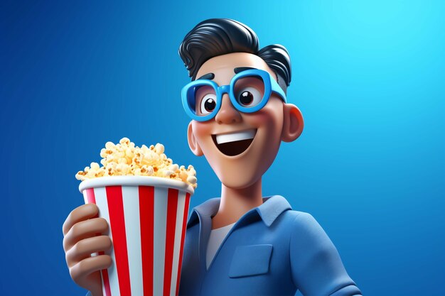 Rendering 3D di una persona che guarda un film con i popcorn