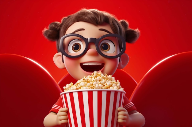 Rendering 3D di una persona che guarda un film con i popcorn