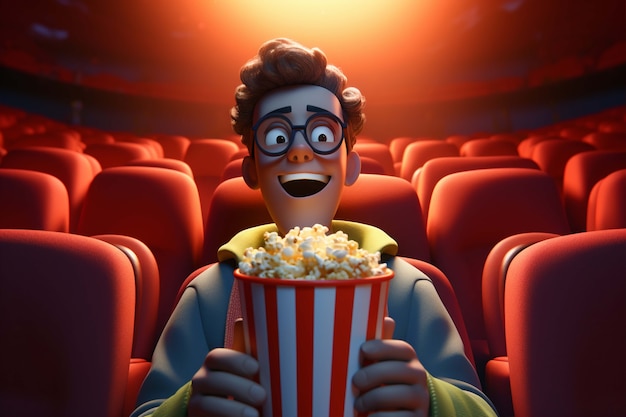 Rendering 3D di una persona che guarda un film con i popcorn