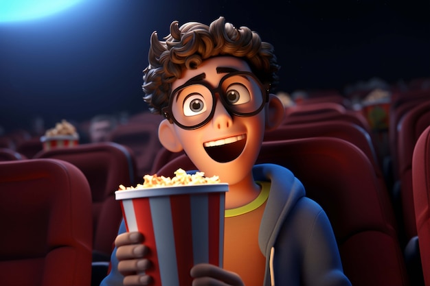 Rendering 3D di una persona che guarda un film con i popcorn