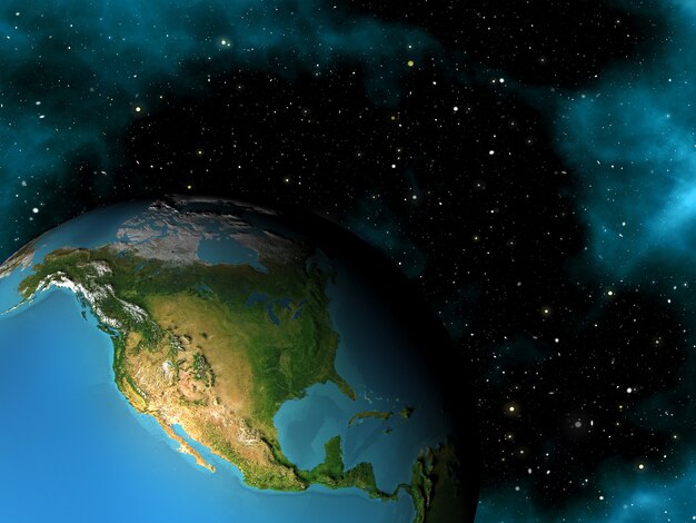 Rendering 3D di una scena spaziale con la Terra nel cielo stellato