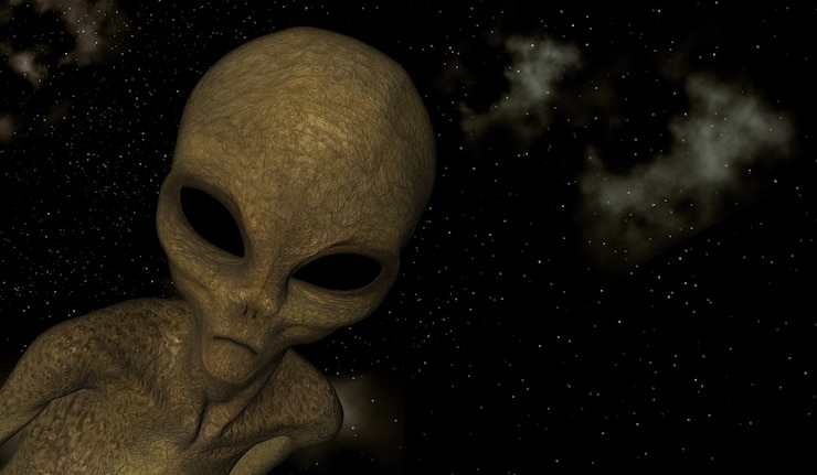 Foto gratuito rendering 3d di una scena spaziale con ravvicinata di una creatura aliena