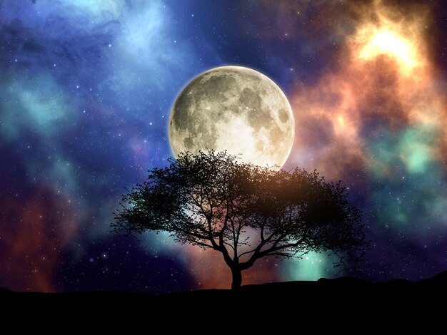 Rendering 3D di una silhouette di un albero contro un cielo spaziale con la luna