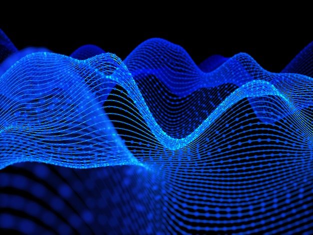 Rendering 3D di una techno astratta con linee fluide e particelle