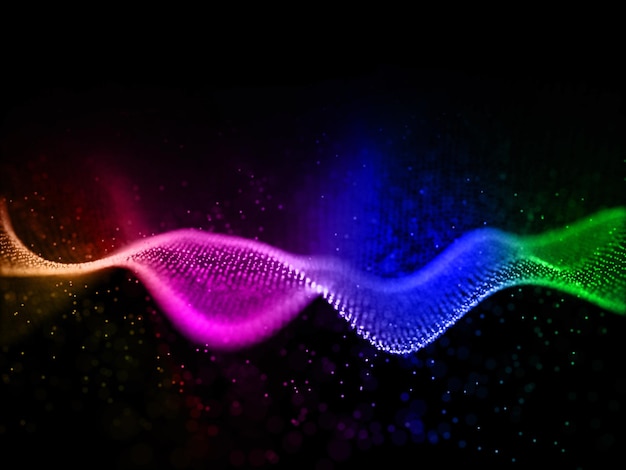 Rendering 3D di uno sfondo di comunicazioni di rete con particelle digitali color arcobaleno