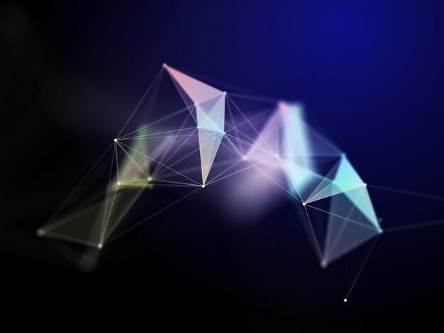 Rendering 3D di uno sfondo di scienza delle comunicazioni di rete con un design a basso poli plesso