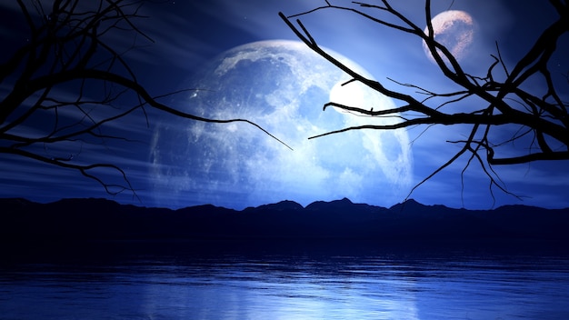 Rendering 3D di uno sfondo inquietante con la luna, il pianeta e la silhouette di un albero