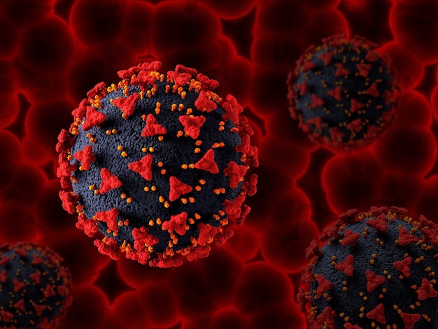 Rendering 3D di uno sfondo medico con cellule del virus Covid 19