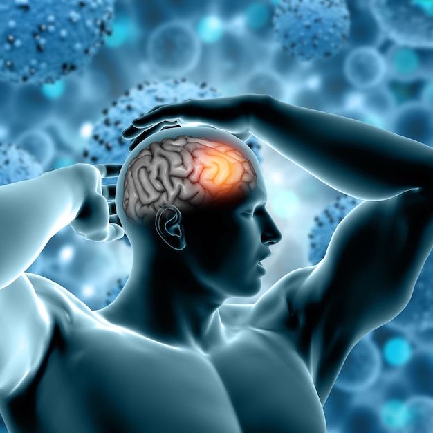 Rendering 3D di uno sfondo medico con figura maschile e cervello evidenziati