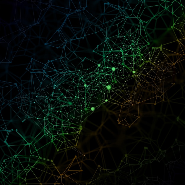 Rendering 3D di uno sfondo tecnico a basso poli con linee di collegamento e punti