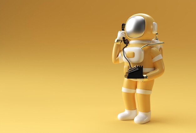 Rendering 3d Gesto di chiamata dell'astronauta con il vecchio telefono Illustrazione 3d Design