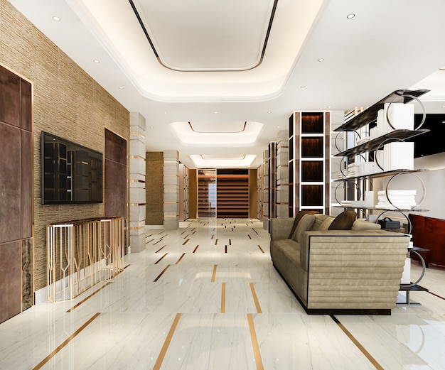 Rendering 3D moderno hotel di lusso e reception per uffici e sala riunioni