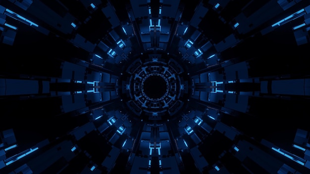 Rendering 3D sfondo astratto di un futuristico tunnel circolare con luci blu neon luminose