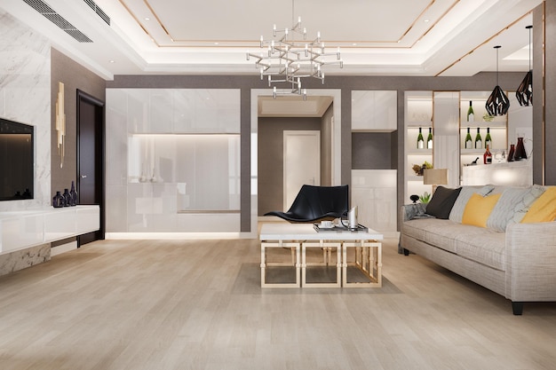 Rendering 3d soggiorno moderno e di lusso con divano in pelle e lampada