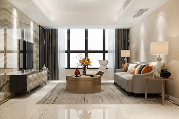 Rendering 3d soggiorno moderno e di lusso con divano in pelle e lampada