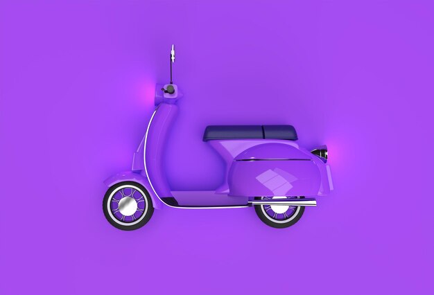 Rendering 3D Vista laterale del classico scooter a motore su uno sfondo viola