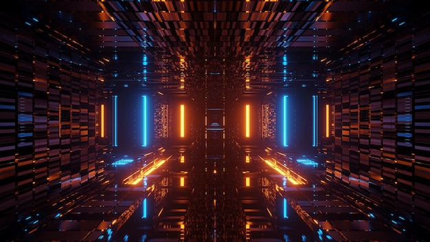Rendering astratto sfondo futuristico con luci al neon blu e arancioni