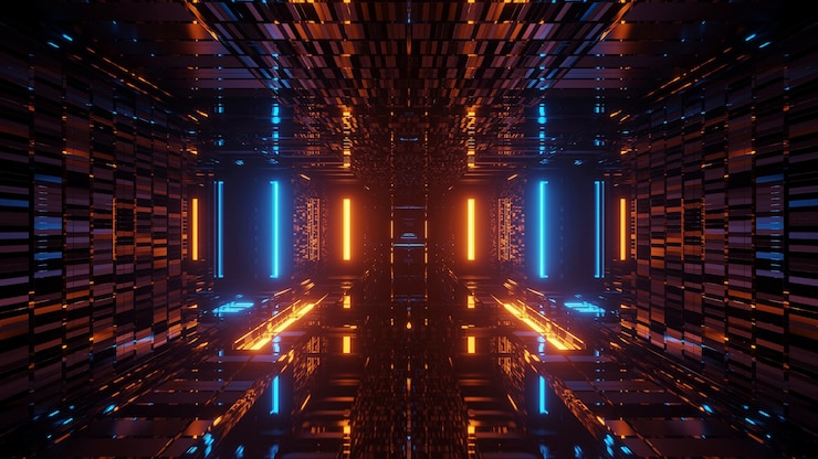 Foto gratuito rendering di sfondo futuristico astratto con luci blu neon e arancione brillanti