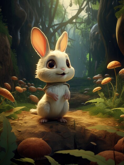 Rendering di una scena di fantasia dei cartoni animati con un coniglio