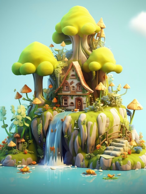 Rendering di una scena fantasy di cartone animato con una casa nella foresta