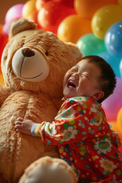 Rendering surreale di un bambino che salta con un giocattolo di peluche gigante