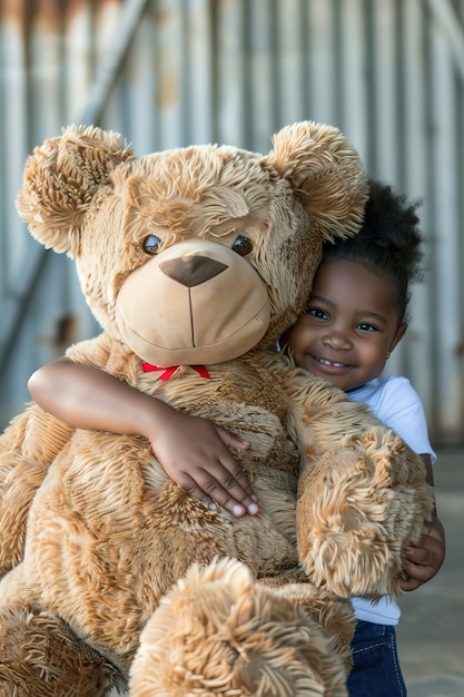 Rendering surreale di un bambino che salta con un giocattolo di peluche gigante