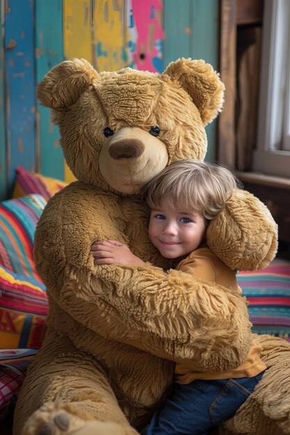 Rendering surreale di un bambino che salta con un giocattolo di peluche gigante