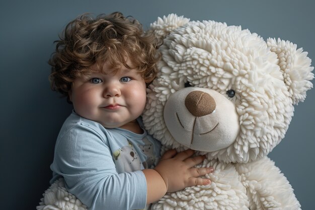 Rendering surreale di un bambino che salta con un giocattolo di peluche gigante