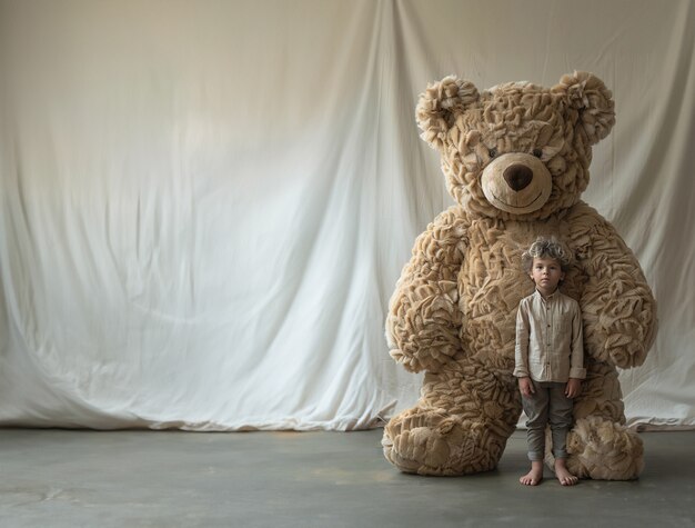 Rendering surreale di un bambino che salta con un giocattolo di peluche gigante