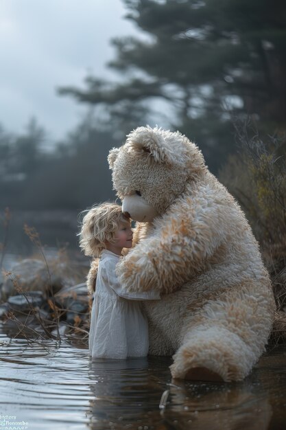 Rendering surreale di un bambino che salta con un giocattolo di peluche gigante