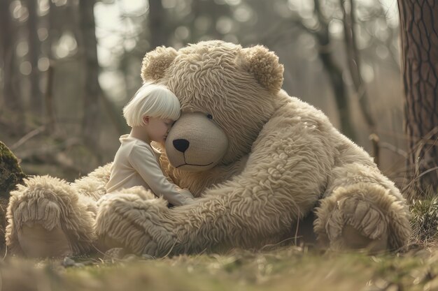 Rendering surreale di un bambino che salta con un giocattolo di peluche gigante