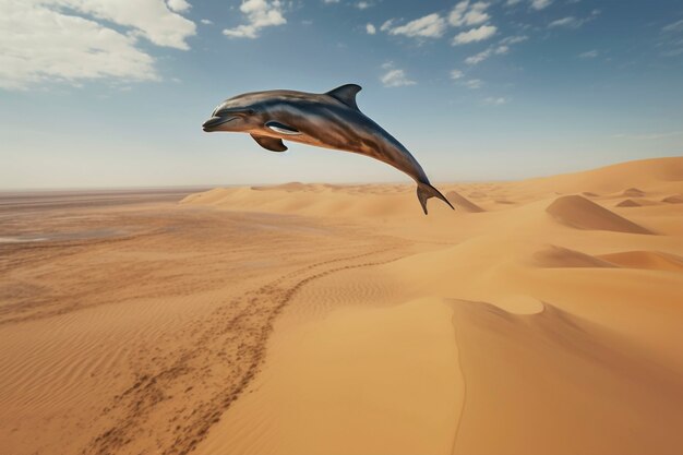 Rendering surreale di un delfino nel deserto.