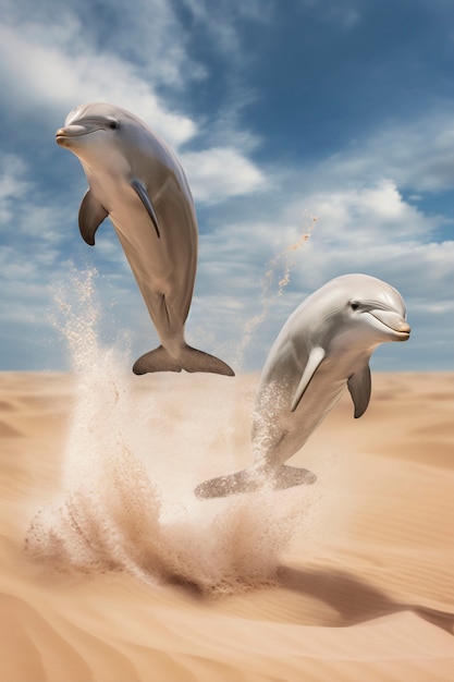 Rendering surreale di un delfino nel deserto.