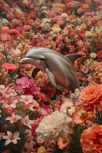 Rendering surreale di un delfino tra i fiori.