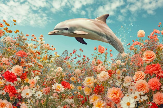 Rendering surreale di un delfino tra i fiori.